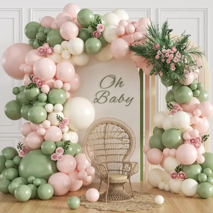 Boho Balloon Arch Kit with Pink, Sage Green & White for Baby Shower, Bridal or Birthday