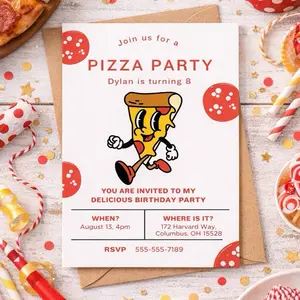 Pizza Party Birthday Invitations Printed | Pizza Theme Birthday Invite | Kids Pizza Party Invitations