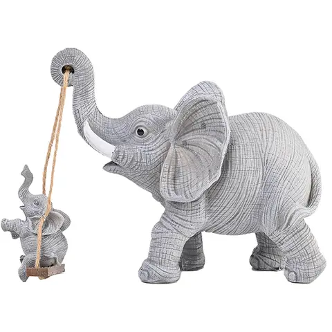 Handmade Plain Resin Swinging Elephant Figurines 2-Piece Gift Set - Desk-Size Whimsy Trunk Statues, Resin Sculptures, Cute Home Decor, Gift-Ready Pair Desktop Art for Home Supplies