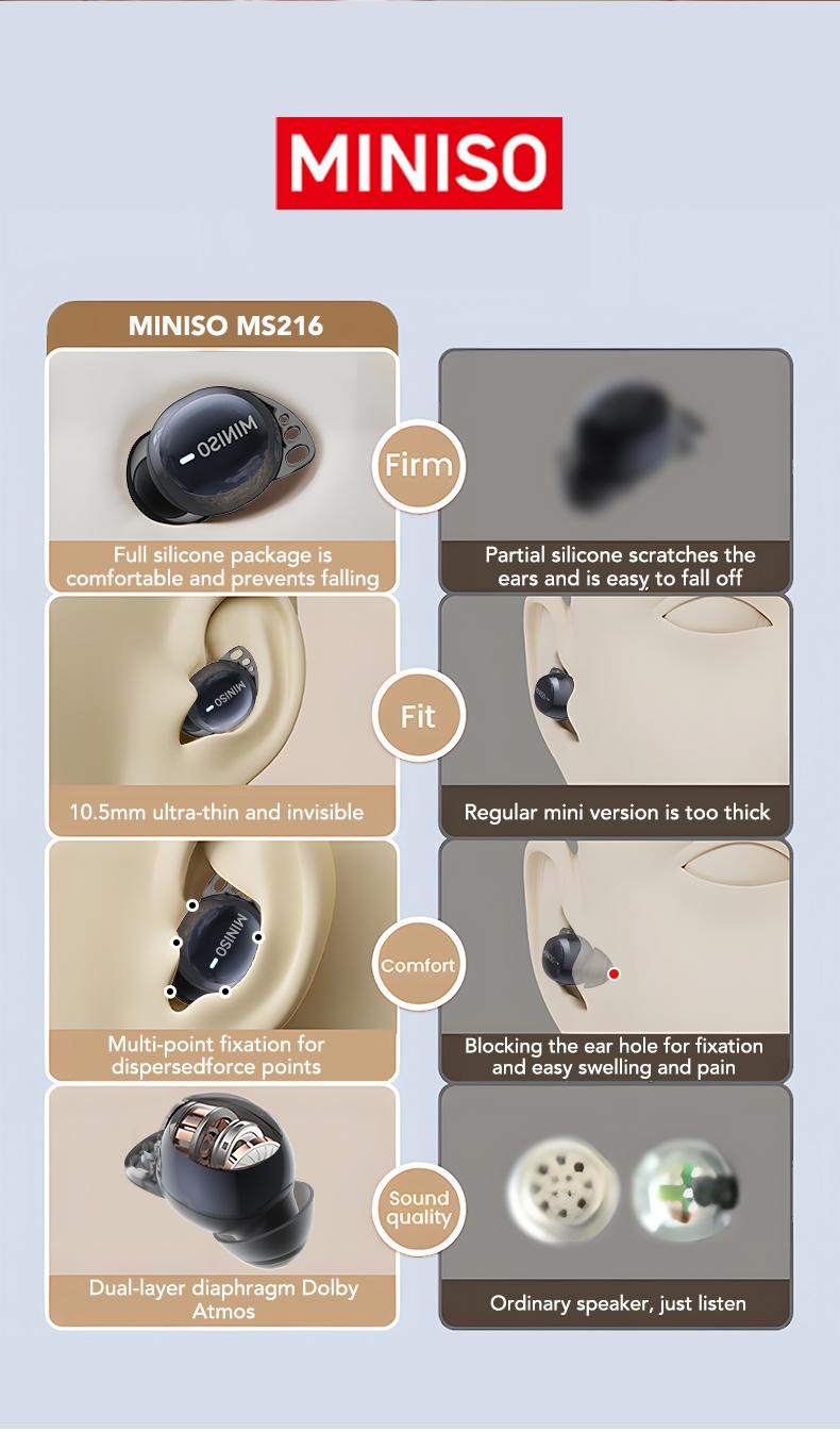 MINISO MS 216 Sleep Headphones, comes with free sleep earplugs, buy one get one free.  These mini wireless Bluetooth 6.0 earbuds feature liquid silicone material, high-definition sound quality, and a battery level display. Suitable for work and travel.