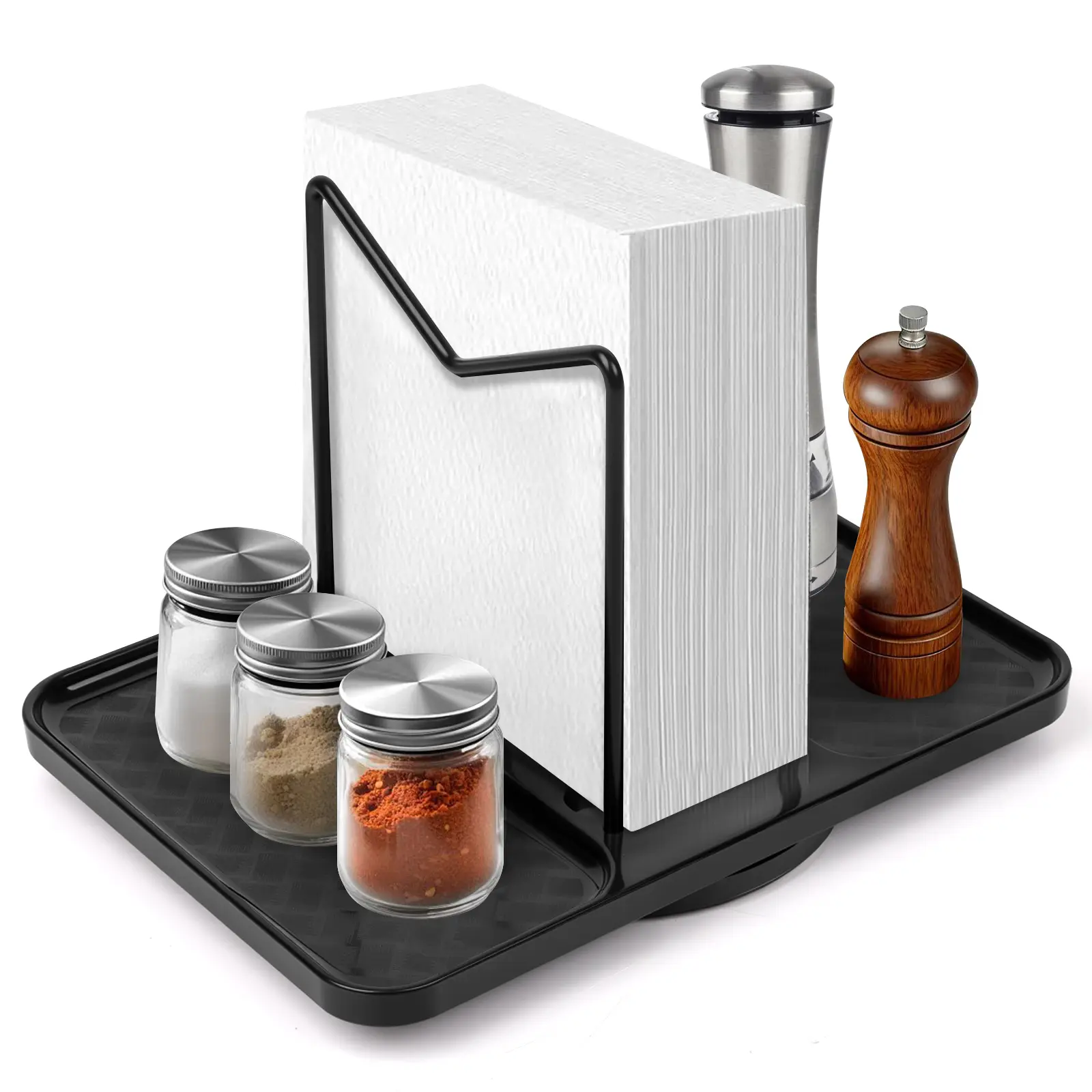 VEEVEO 2-in-1 Rotating Napkin Holder & Condiment Server Caddy Organiser, 360° Rotates Lazy Susan Tray with Adjustable Storage, Countertop Kitchen Organizer Racks for Dining Table & Kitchen Counter, Modern Tableware Rest (Shakers Not Included)