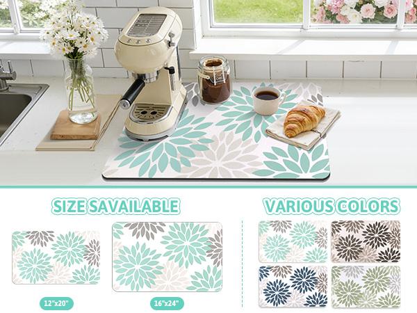 Dish Drying Mat, 12" x 20" Super Absorbent & Cuttable Dish Mat Drying Kitchen Mat with Teal Floral, Hide Stain Drying Mat for Kitchen Counter