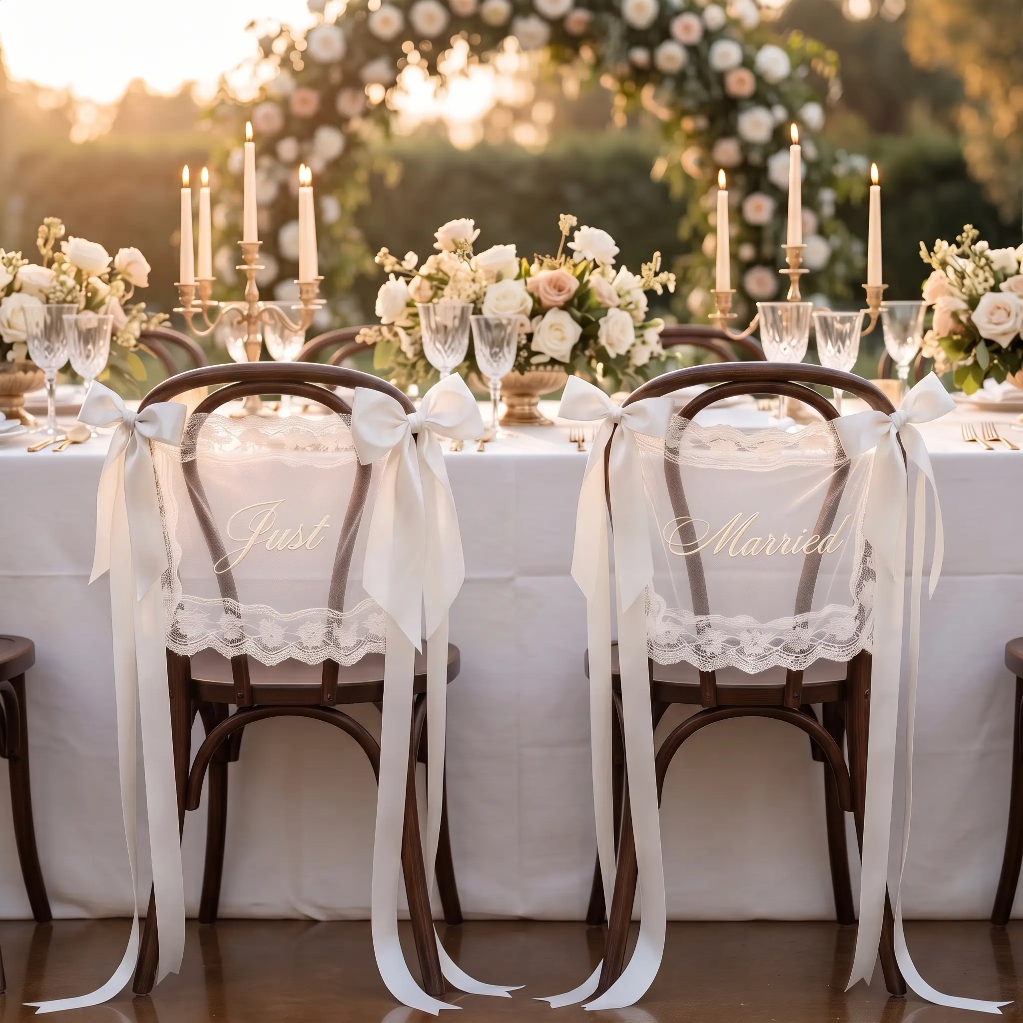 MTREO Just Married Chair Signs for Wedding Ceremony, Set of 2 Romantic FabricLace Wedding Chair Decorations withRibbon, Bride and Groom Chair Bannersfor Reception Sweetheart Table ChairsBack Decor