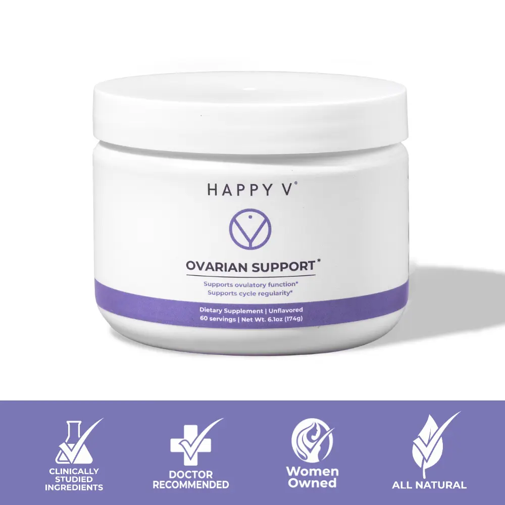 Happy V Ovarian Support Powder - Myo-inositol & D-Chiro-Inositol Daily Supplement for Hormonal Balance & Estrogen Metabolism - 60 Servings - Formula for PCOS & Acne