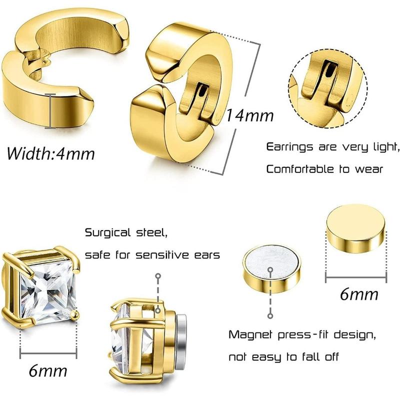 FLORIDECO 6 Pairs Stainless Steel Magnetic Stud Earrings for Men Women Hoop Earrings Clip on CZ Non-Piercing Jewelry Cubic Zirconia