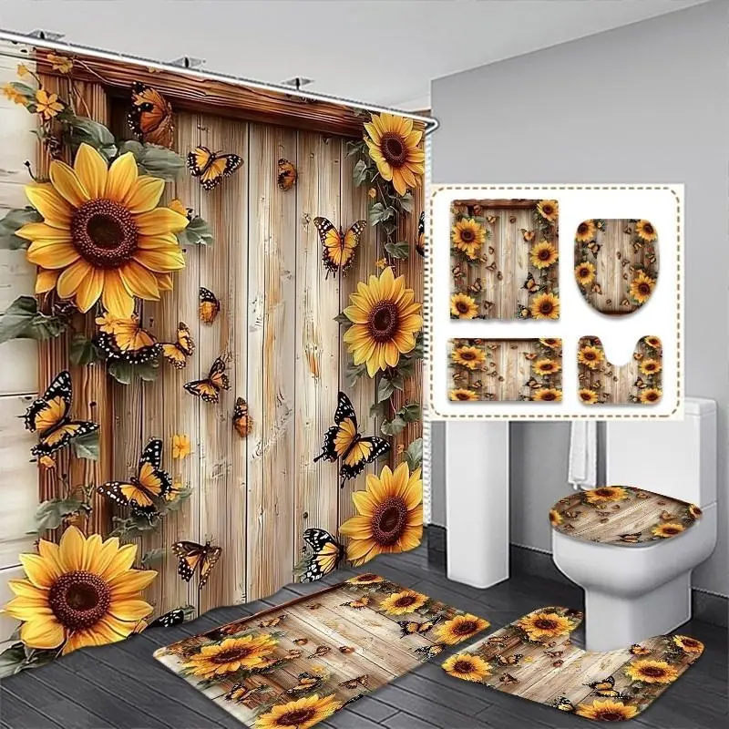 4pcs Set Sunflower Bathroom Set Shower Curtain Bath Mat Toilet Lid Cover U Shaped Rug Waterproof Quick Dry Bathroom Decor Set Yellow Flower Print Soft Durable Fabric Bright Summer Style Home Bathroom Accessories Warm Cozy Floral Room Decoration