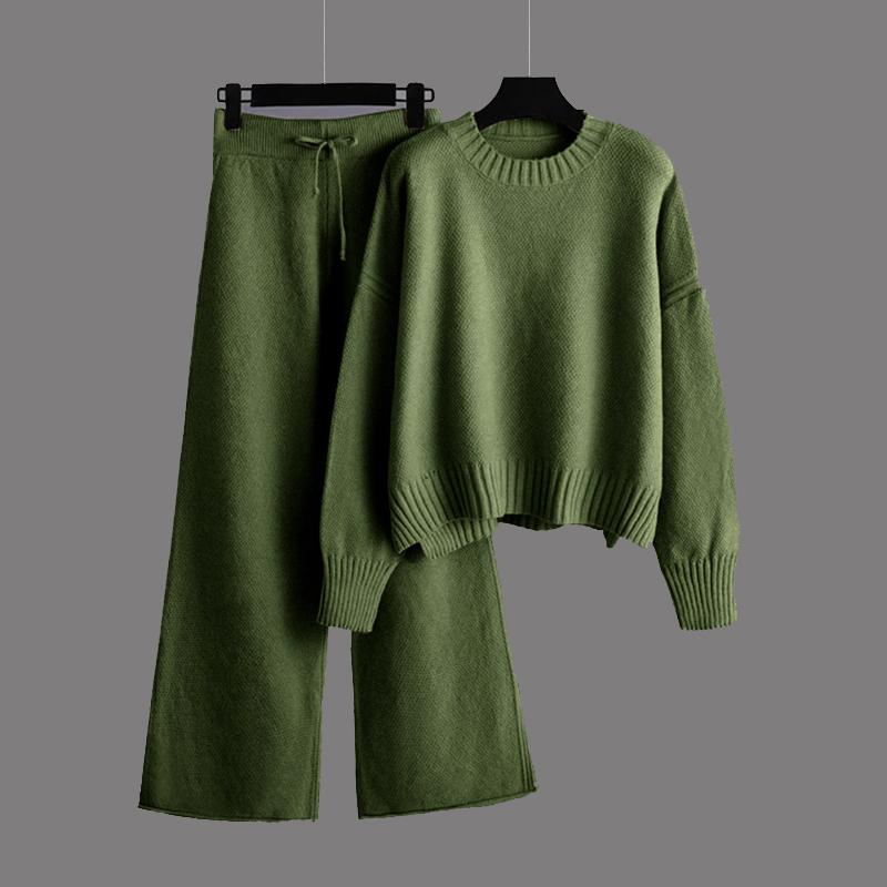 Women Wide Leg Pant Suits Thick Warm Women Sweater Tracksuits Two Piece Sets