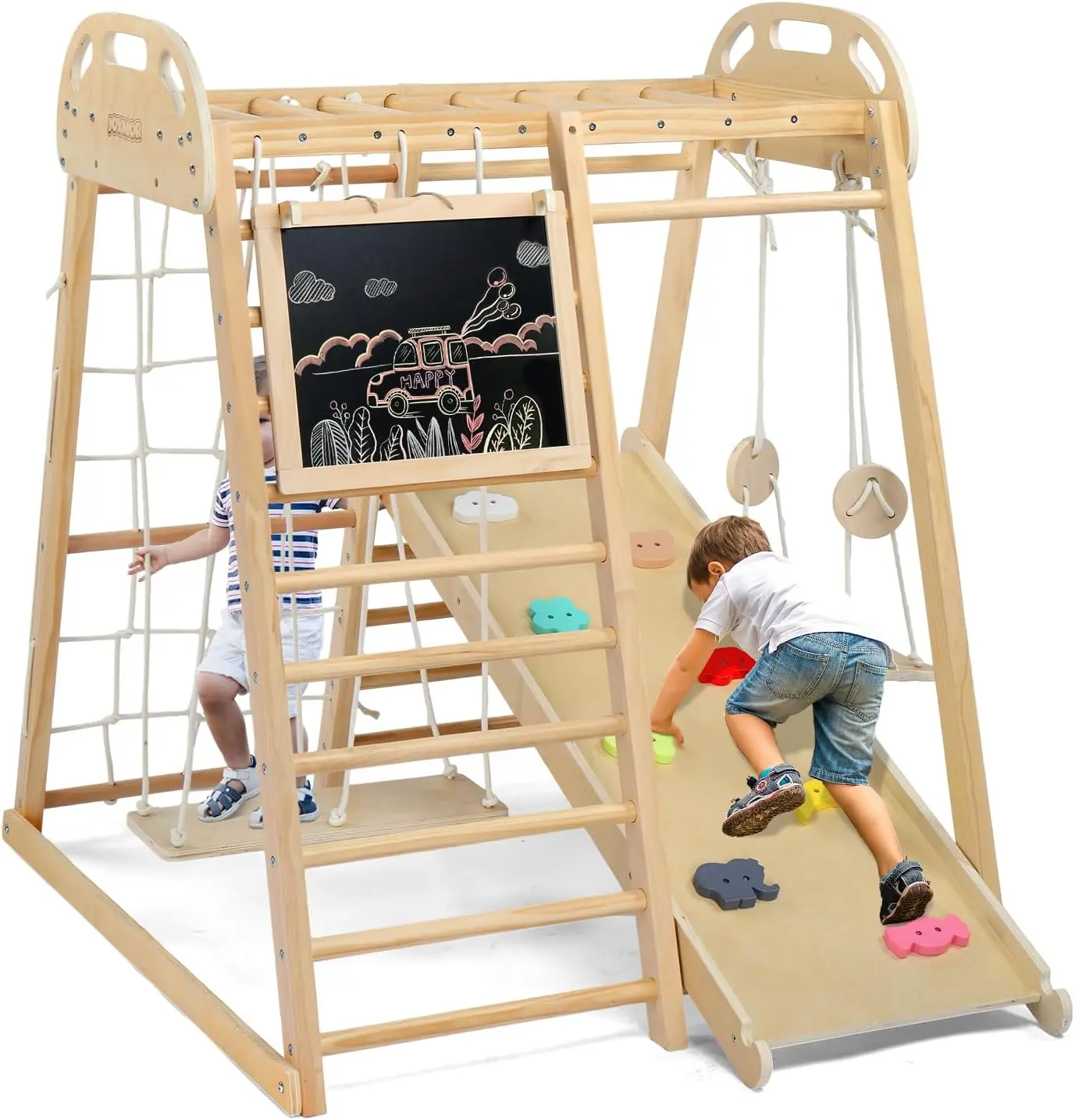 JOYMOR 8-in-1 Indoor Jungle Gym for Kids and Toddlers with Hanging-Bridge and Swing, Wooden Indoor Playground with Slide, Blackboard, Ladders for Toddler Climbers
