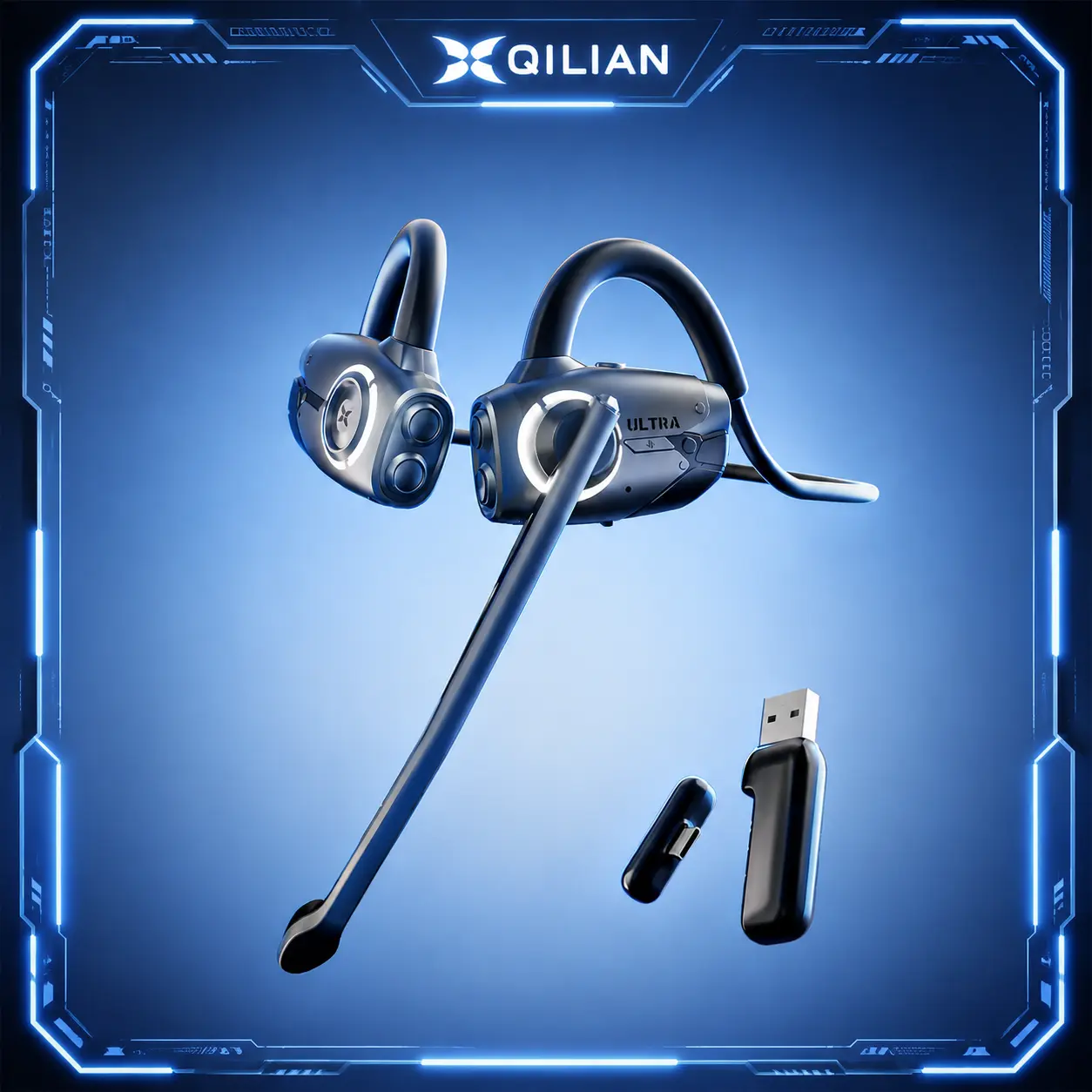 QILIAN ExtremeRealm Ultra Open-Ear Earphones - 15ms Low Latency, 2.4G/Bluetooth Dual-Mode, Magnetic Microphone, Stereophonic Sound, Adjustable Detachable Design, Instant Noise Cancellation, Ideal for Streaming Devices, Electronic, Headset