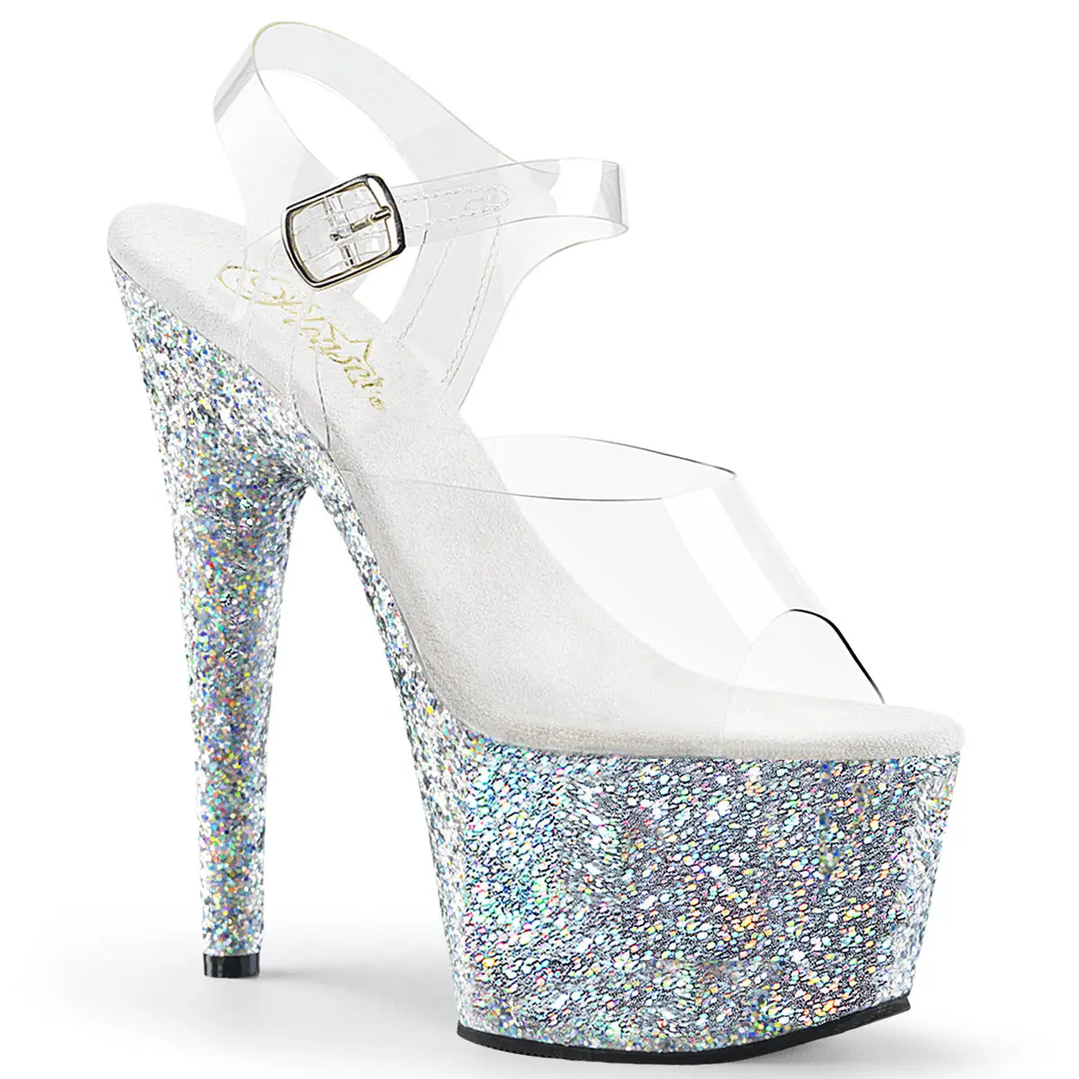 Pleaser Adore-708LG Women's Classy Elegant Heeled Footwear - 7" High Heel Platform Sandals with Holographic Glitter Finish, Transparent Ankle Strap (Pleaser Heels), Statement Shoes