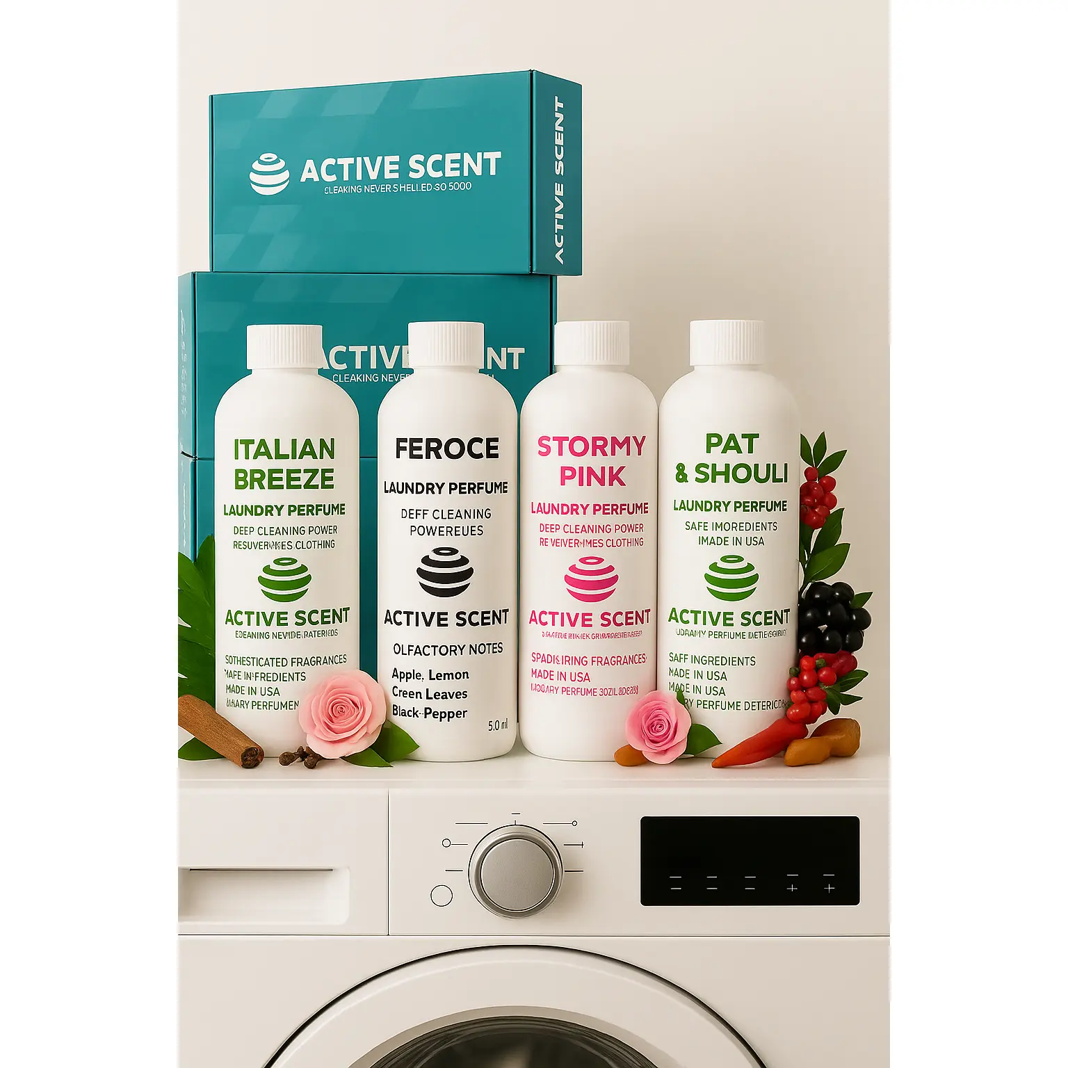 Active Scent | Discovery Kit - Discover 4 Scents From Our Luxury Scented Laundry Detergents - Italian Breeze, Feroce, Stormy Pink & Pat & Shouli - 4 x 4oz Bottles - Safe & Sophisticated Ingredients - Made in USA