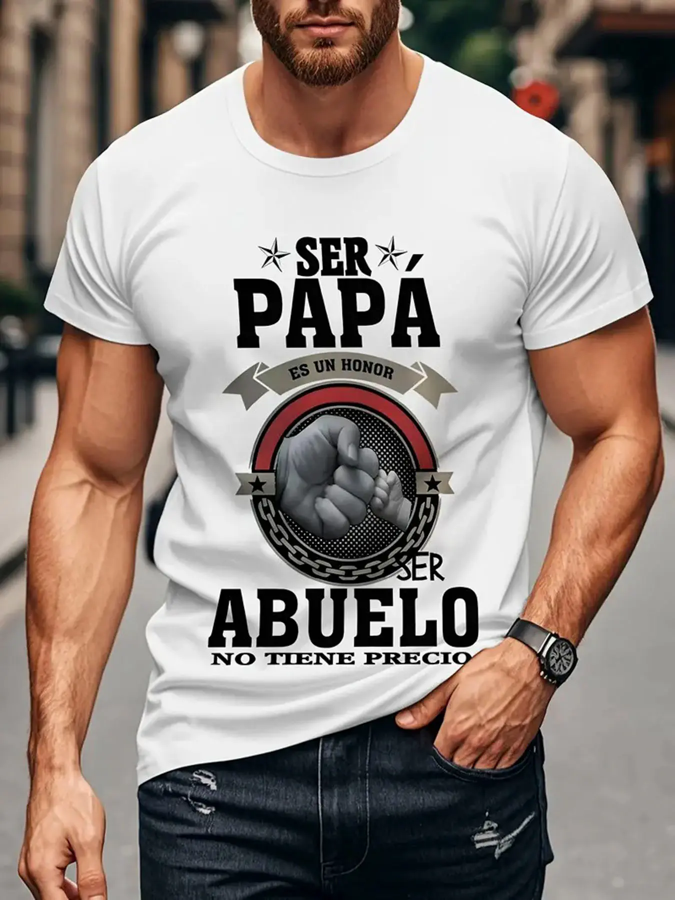 Men's Spanish Grandpa & Dad Pride T-Shirt -  Cotton "Ser Papa Es Un Honor/Ser Abuelo No Tiene Precio" (It's an Honor to Be a Father/Grandfather) Bold Text & Fist/Chain/Star Graphic, Casual Crew Neck Short Sleeve Tee for Spanish-Language