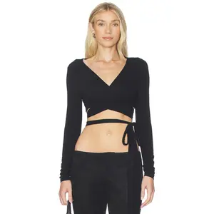 LIONESS Long Sleeve Wrap Blouse in Noir
