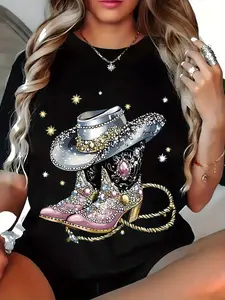 Plus Size - Plus Size - Women'S Rhinestone Cowboy Boot Pattern T-Shirt| Soft and Machine Washable, Starry Sky Design, Round Neck, All-Season Elegant Style, Durable Fabric, Cowboy Style Accessory