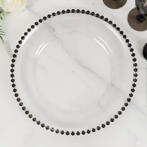 6-Pack Acrylic Charger Plates 13" Round Clear with Black Beaded Rim - Decorative Dinner Party Charger Tableware