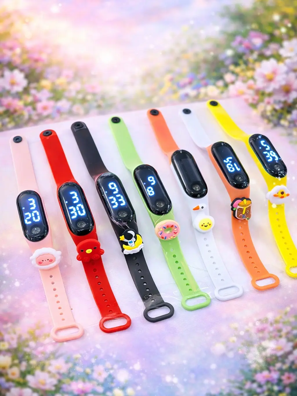 Cute Digital Watch for Kids, Multicolor Food-Grade Silicone Band with Playful Interchangeable Cartoon Charms, Splash-Proof LED Display, Rainbow