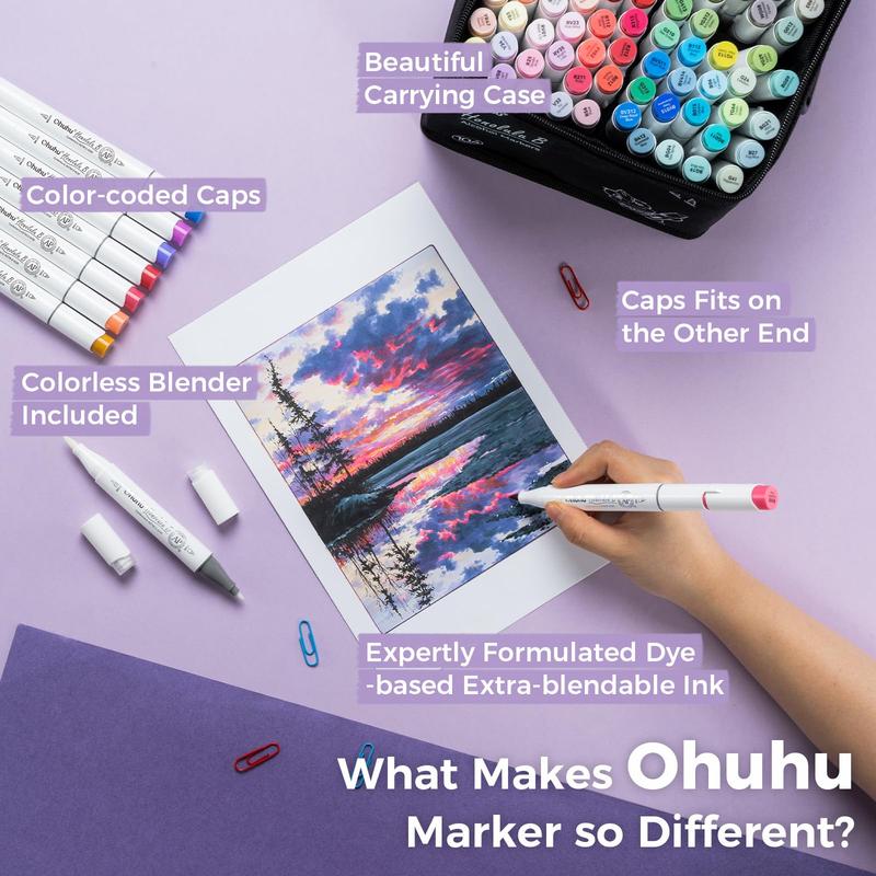 Ohuhu 104-color Alcohol Markers Brush Tip - Double Tipped Alcohol Marker for Artists Adults Coloring - Brush&Chisel/Fine - Refillable Ink - Christmas Gift