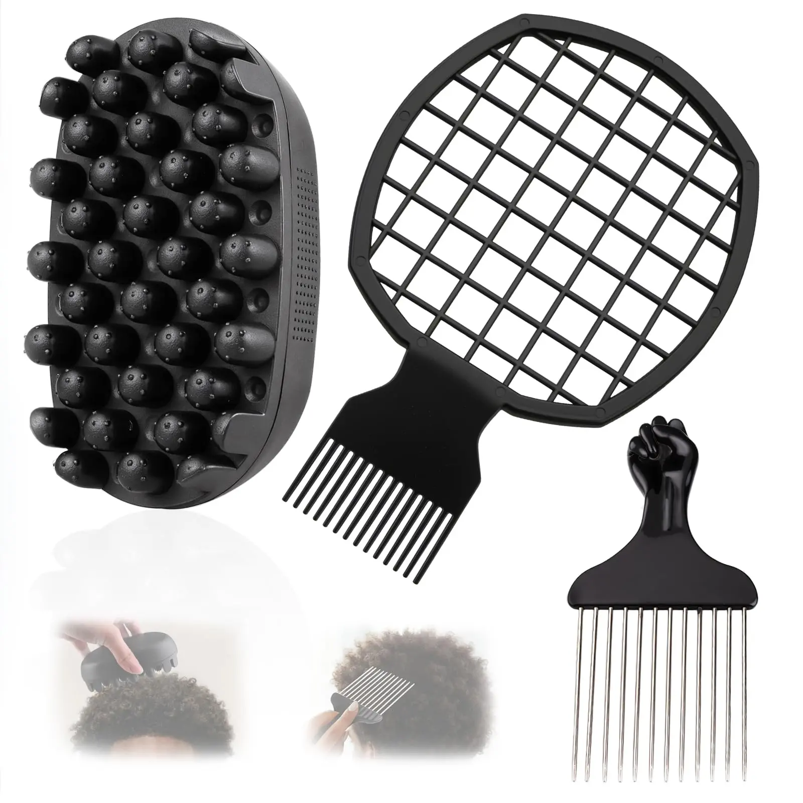 3Pcs Freeform Twists Kit， Silicone Curling Hair Brush & Metal Afro Pick Hair Comb Set – Durable Washable Curl Sponge for Black Men, Natural Hair, Dreadlocks, Coils & 4C Afro HairStyling Tool