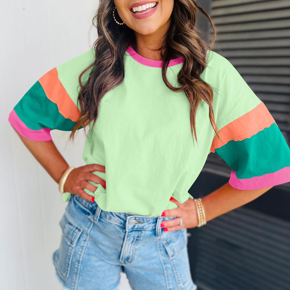 Mntaor Colorblock Stitching Sleeve Crewneck Oversize Top - Comfortable Casual Style with Round Neck and Block Stitching,Winteroutfit