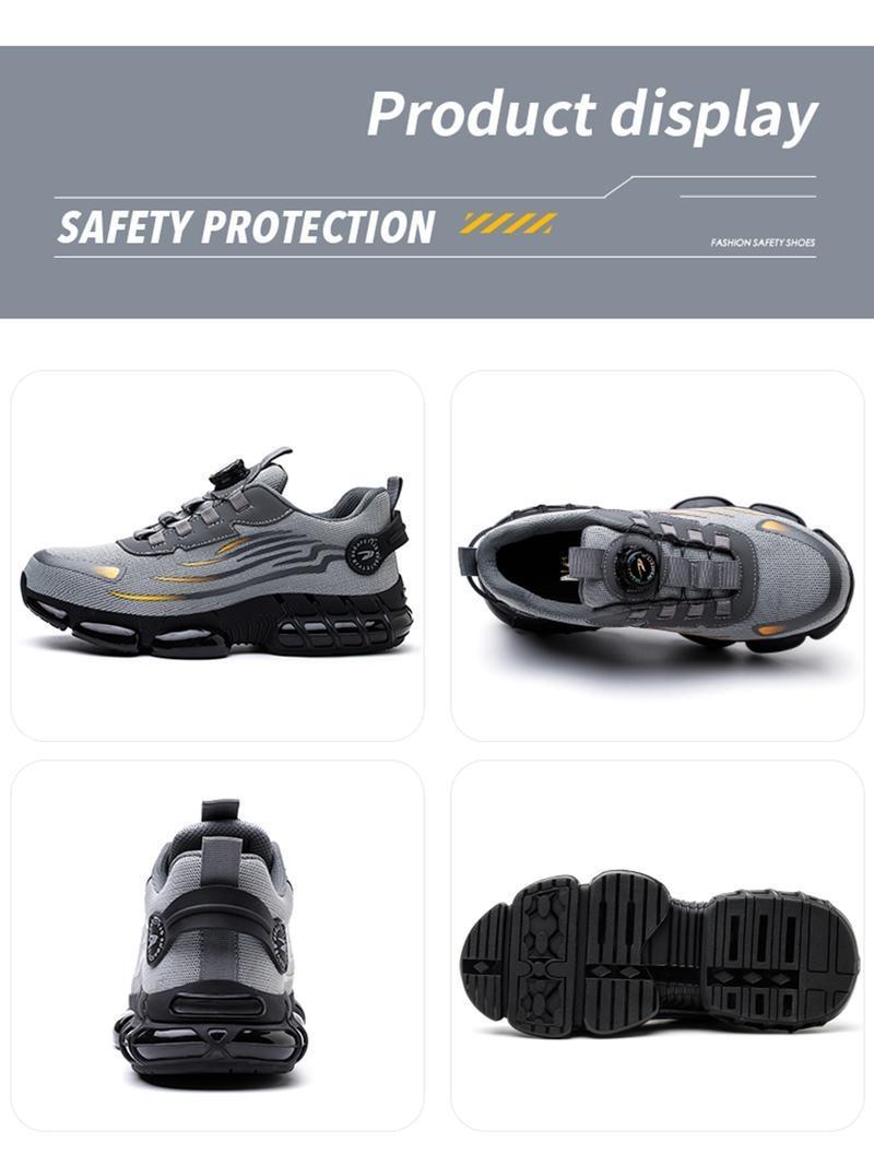Men's Grey Steel Toe Safety Shoes Puncture Proof Smash Proof Magnetic Closure Breathable Mesh Anti-Slip Sole Striped Pattern Outdoor Work Footwear