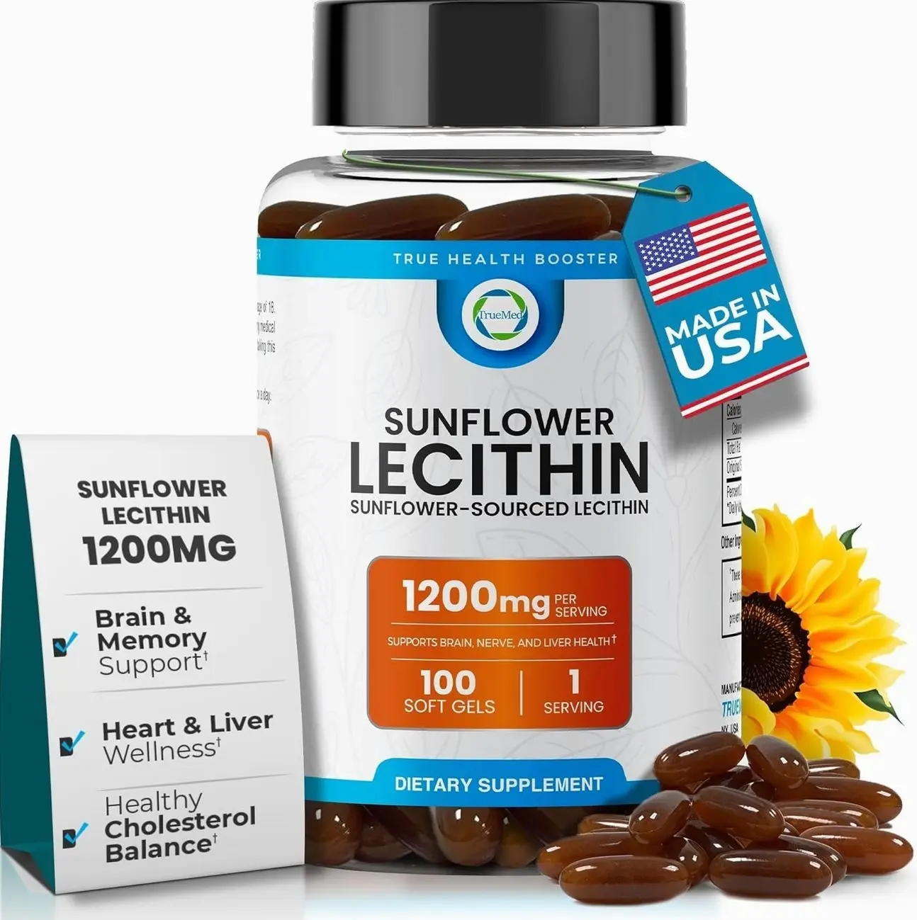 TRUEMED Organic Sunflower Lecithin 1200mg – Soy-Free Lecithin Supplement for Brain, Heart, Nerve & Liver Support, Cognitive Health, Non-GMO – 100 Softgels (Made in USA)