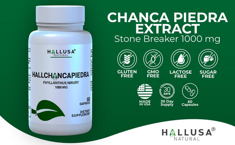 HALLUSA NATURAL Hallchancapiedra 1000 mg Supplement Pure Chanca Piedra for Kidney Stone Breaks 60 Capsules Gluten Free GMO Free Sugar Free US Made Edible Healthcare Dietary Supplement