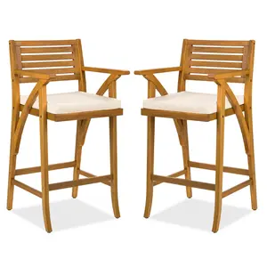 Best Choice Products Set of 2 Outdoor Acacia Wood Bar Stools Bar Chairs w/ Weather-Resistant Cushions - Teak Finish