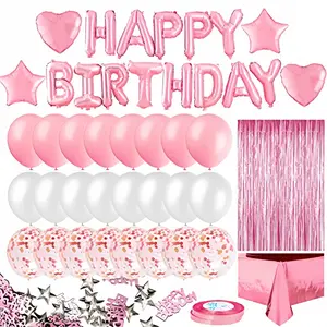Pink Birthday Party Decorations Set – Happy Birthday Banner, Sky Pink Fringe Curtain, Foil Tablecloth, Heart & Star Confetti Balloons with Table Confetti for Kids Women Men Birthday Party Decor