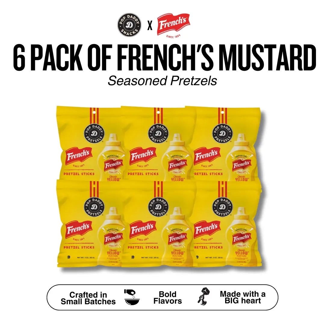 Pop Daddy 6 Pack of French's Mustard | Flavored Pretzels Sticks  | Healthy Gourmet Pretzels Snacks | 3oz Individual Bags | 6 Pack