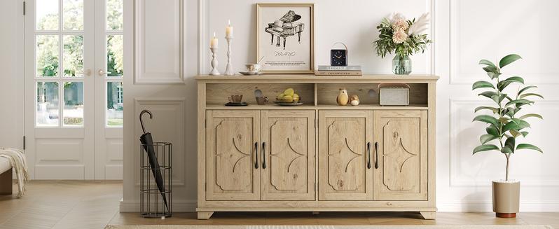 【Valentine's Day Gift】ONBRILL 60 Inches Sideboard Buffet Cabinet with Storage, Large Credenza with 4 Carved Doors, Open Storage Shelf, Adjustable Shelves, Coffee Bar Cabinet for Kitchen, Living Room