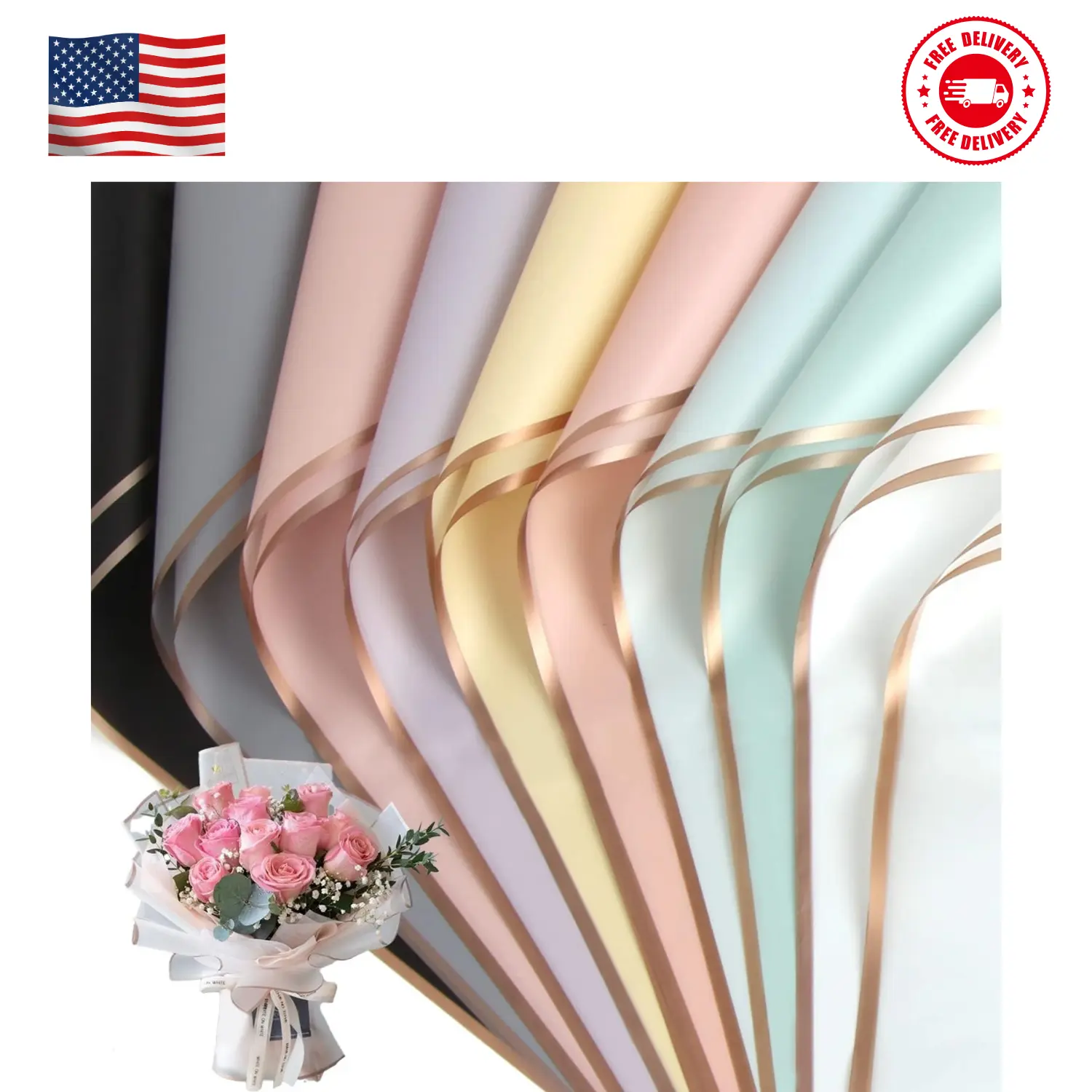 20 Sheets Gold Edge Flower Wrapping Paper, 10 Colors