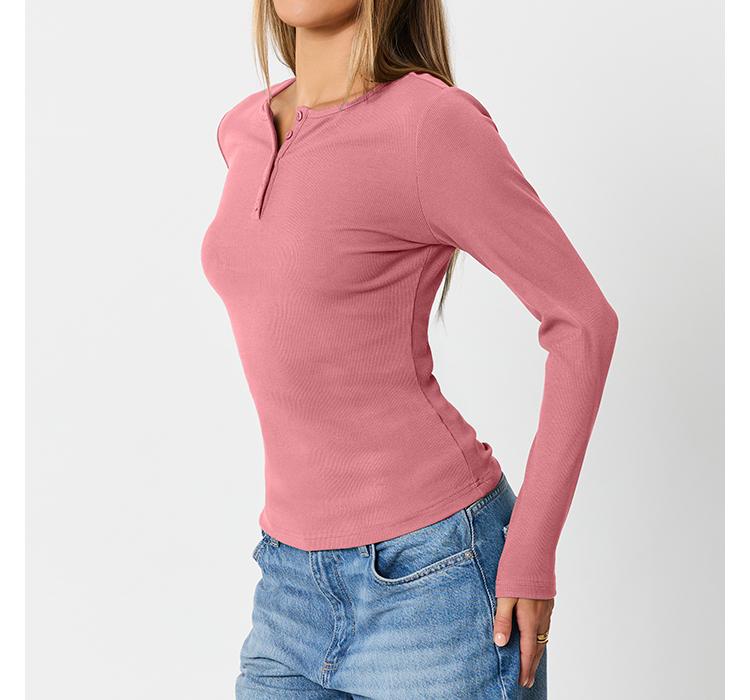 AUTOMET Women's 3 Piece Casual Long Sleeve Round Neck T-shirt for Daily Wear, Plain Button Front Ribbed Design