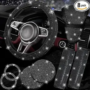 8pcs Bling Diamond Car Accessories Set for Women Sparkly Rhinestone Steering  Cover Seat Belt Cushion Shift Knob Cover Push Start Button Ring Cup Holder Coaster Multicolor, Vehicle Decor, Auto Styling, Stylish Covers wheel tray