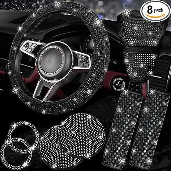 8pcs Bling Diamond  Accessories Set for Women Sparkly Rhinestone Steering  Cover Seat Belt Cushion Shift Knob Cover Push Start Button Ring Cup Holder Coaster Multicolor, Vehicle Decor, Auto Styling, Stylish Covers wheel tray tiktokshopspringglowup stuff,s