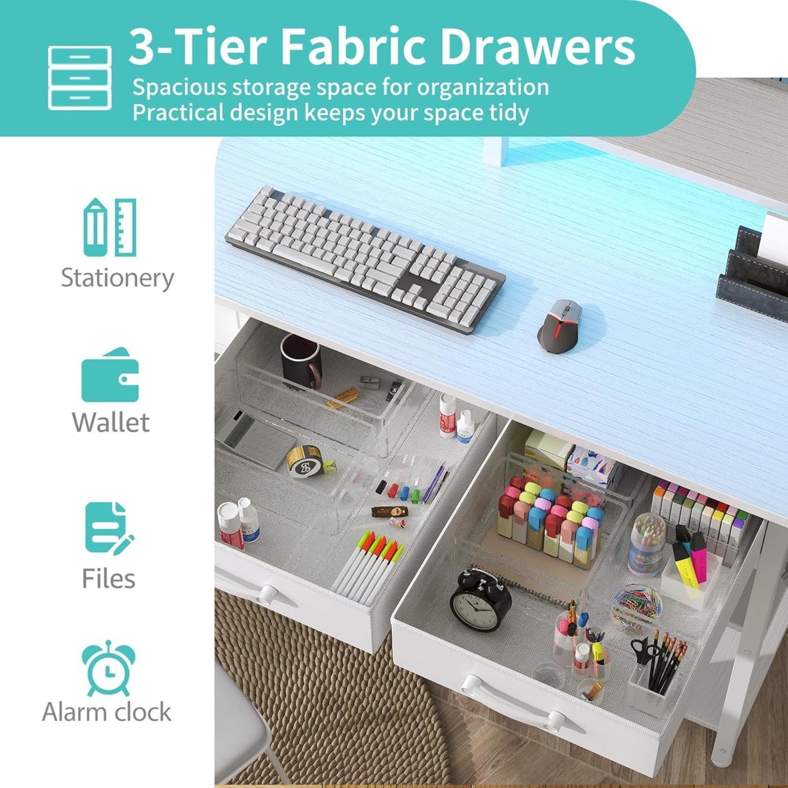 Lufeiya White Computer Desk with Fabric Drawers, 47 Inch Home Office Desk with Monitor Stand Shelves, Writing Study Gaming Desks with Led Lights and Power Outlets for Bedroom, White white computer desk