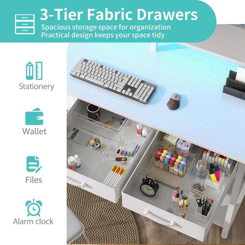 Lufeiya White Computer Desk with Fabric Drawers, 47 Inch Home Office Desk with Monitor Stand Shelves, Writing Study Gaming Desks with Led Lights and Power Outlets for Bedroom, White white computer desk