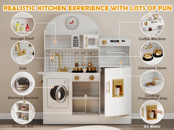 Kids Play Kitchen Set with Sound & Light Pretend Wooden Playset for Kids Age 3+ Includes Oven Washing Machine & Toy Coffee Station