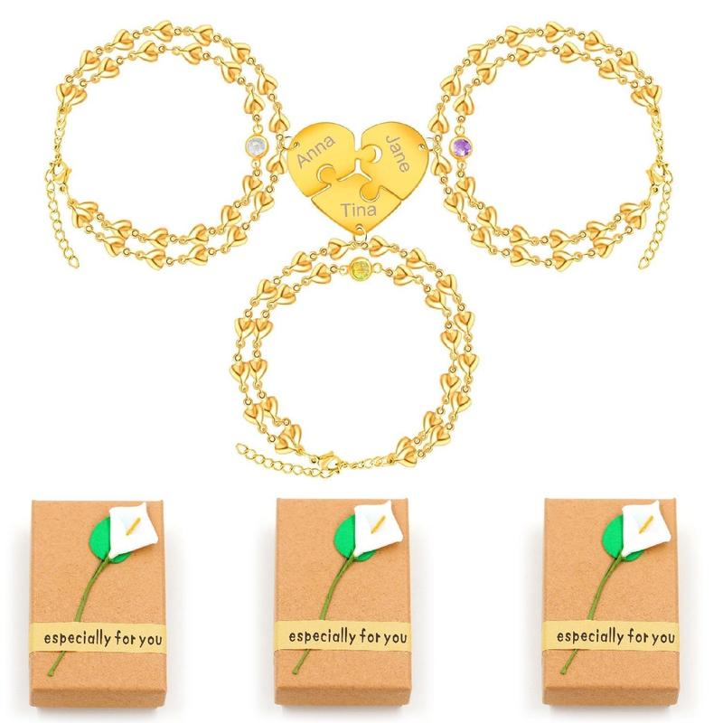 Uloveido Personalized 3 Pieces BFF Heart Puzzle Bracelets with 3 Gift Boxes – Custom Name Stainless Steel Matching Friendship Bracelets for 3 Best Friends