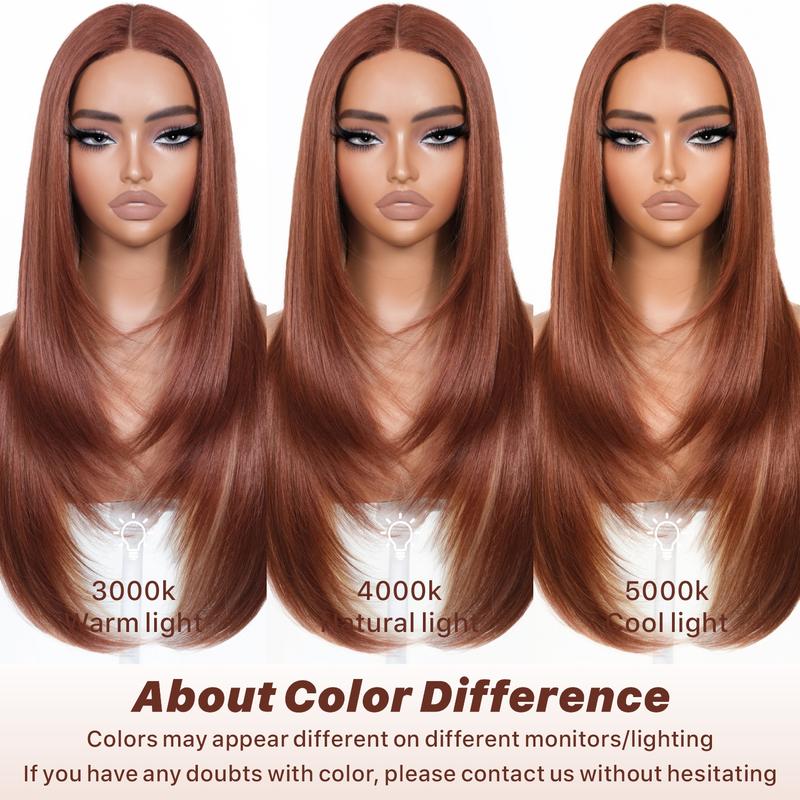 BrownBomb Wear and Go Layered Straight Synthetic Wig Glueless Pre Cut Lace Pre Plucked 26 Inch and Face Framing Bangs T Lace Perfect Middle Part Heat Resistant Fiber Realistic Wig for Daily Wear Parties Dating