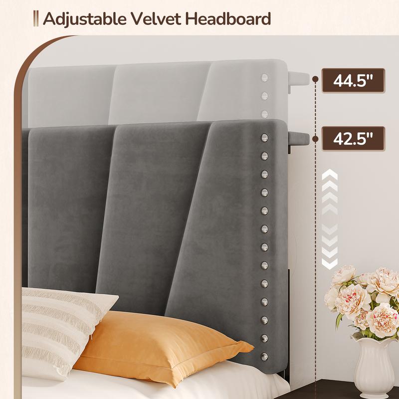 Bed Frame King Size with LED lIghts & Charging Station, Upholstered Queen Bed Frame with Shelves, Luxury Bedframe, Bedroom FurnitureNo Mattress, Noise Free, Holds 880LBS, Wood Slats & Metal Frame, Beige, Gray