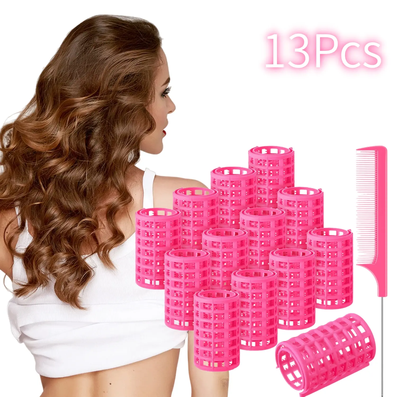 12-Piece Large Plastic Hair Rollers, Vented Snap-On Curly Hair Set for Women, No Heat Styling with a Durable Steel Pintail Comb for Daily Use