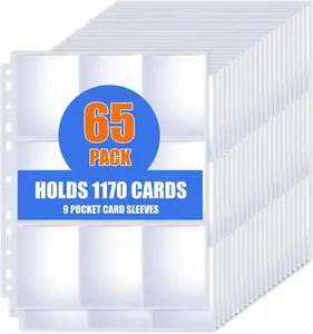 Card Sleeves Binder Sheets 65 Pack 9 Pocket 3 Ring Binder, Holds 1170 Cards Binder Pages Protectors Fit