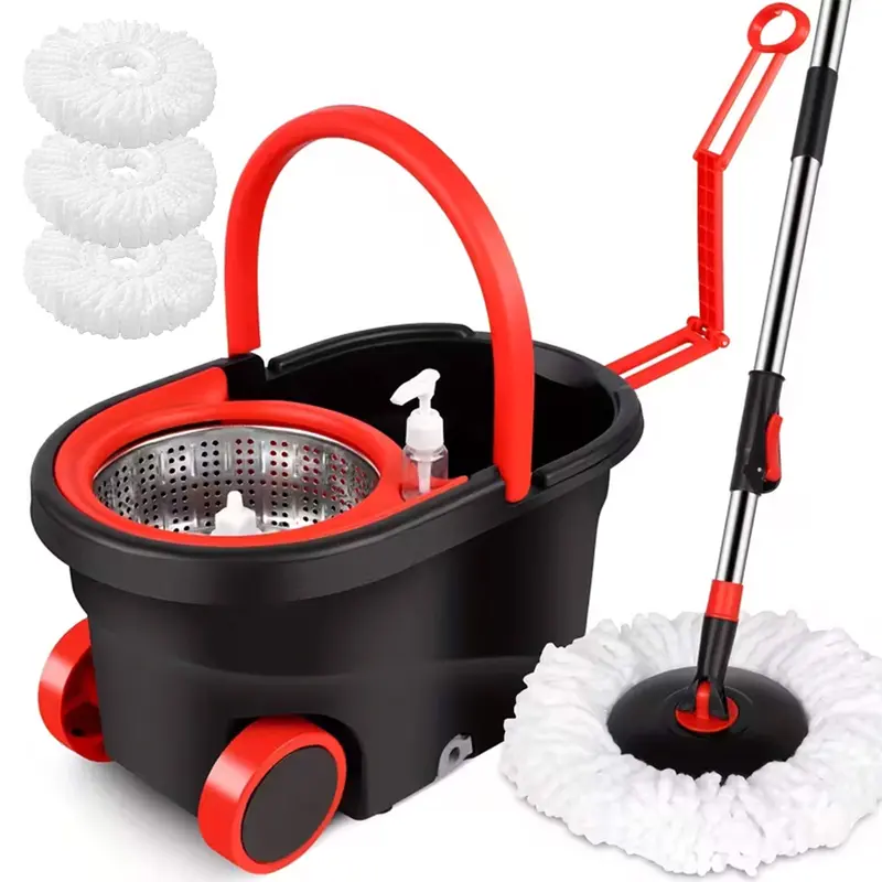 360° Rotatable Mop and Bucket Set, Plastic Complete Wringer Set with 61'' Extended Stainless Steel Handle, 3 Microfiber Refills, for Hard Floor Cleaning via Spin Dirt-Lifting Function