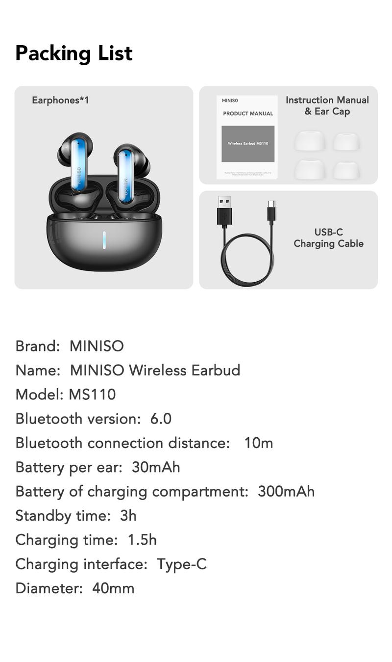 MINISO MS110 Adjustable lighting Eabuds, ANC Noise Cancellation Headphones,Bluetooth 6.0, 3 Noise Reduction Modes, True Wireless In-Ear Earphones sport Audio Earbuds audifonos bluetooth wireless headphones