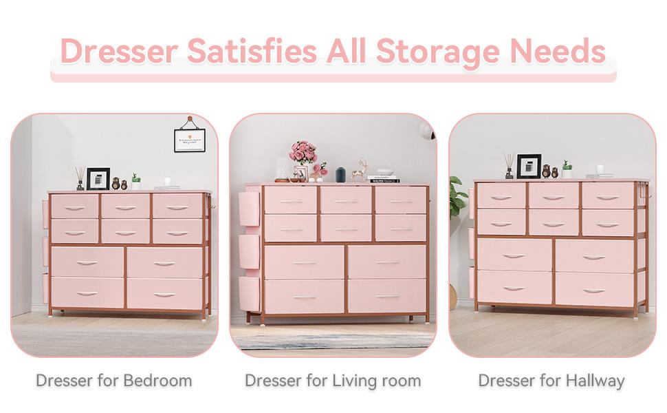 【Garvee】10 Drawer Pink Dresser for Kids Room, Freestanding Storage Cabinet with Wood Top for Girls Bedroom or Playroom