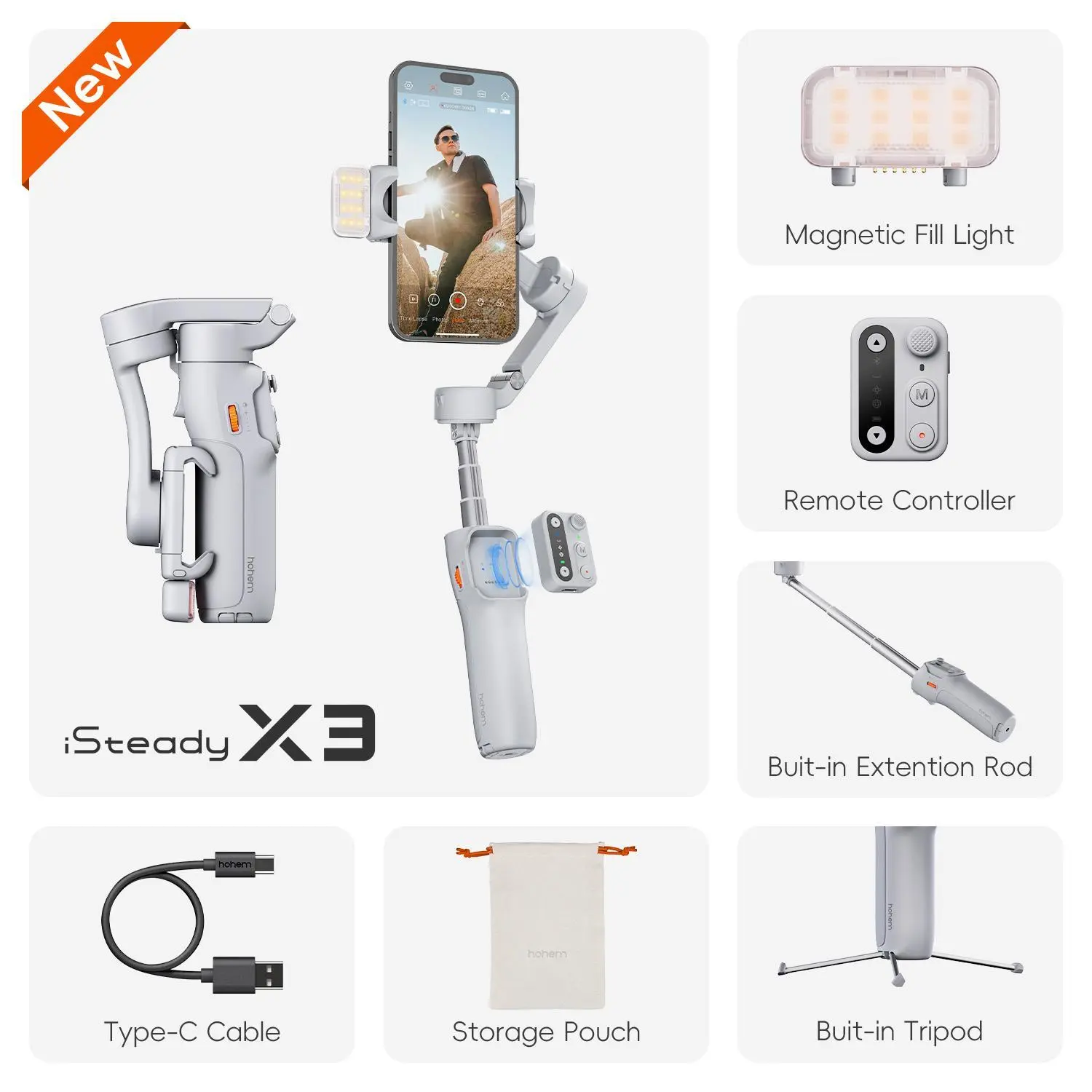 X3 Gray（led light+build in extension rod/tripod)