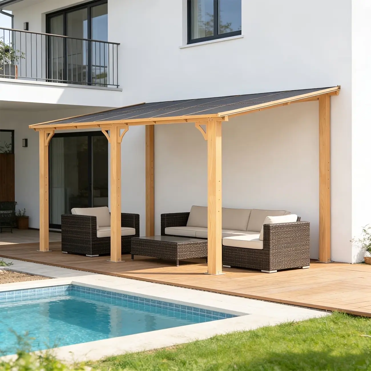 14x10 Patio Gazebo Hardtop Wooden Look Roof Wall Mounted Awning Backyard Shade
