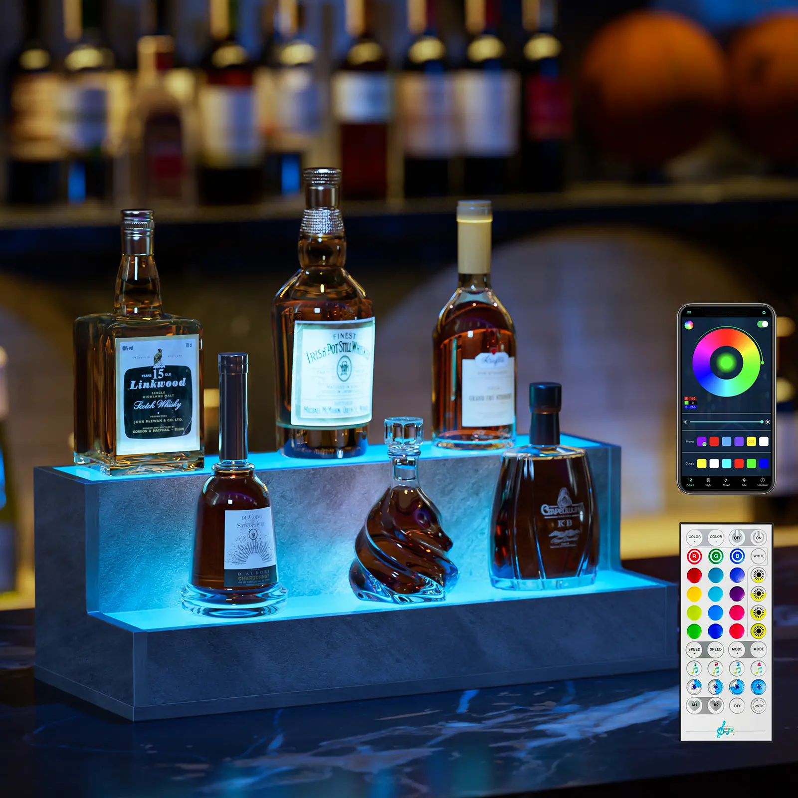 LED illuminated wine bottle display stand, bar display stand, DIY lighting wine bottle rack with app and remote control functions, freestanding wine bottle storage rack, suitable for home bars and parties