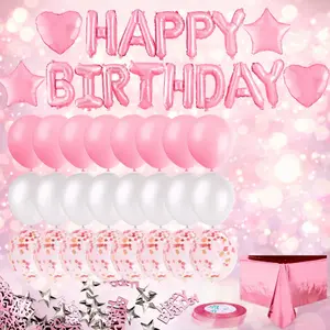 Pink Birthday Party Decorations Happy Birthday Banner Rose Gold Fringe Curtain Foil Tablecloth Heart Star Confetti Balloons Table Confetti for Girls Birthday Party Backdrop Decor