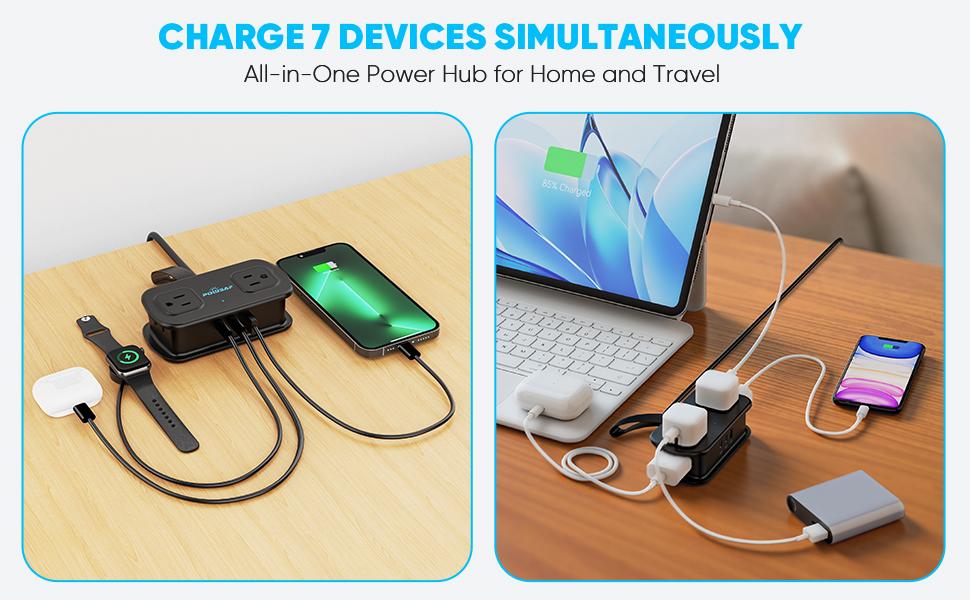 7-in-1 Power Strip with Switch-Cruise-Approved Travel Power Strip – POWSAF 20W Fast Charging 3 USB, 2 Three-Prong & 2 Two-Prong Outlets, No-Surge Extension with Cord Wrap & Strap for Hotel, Cruise & Travel